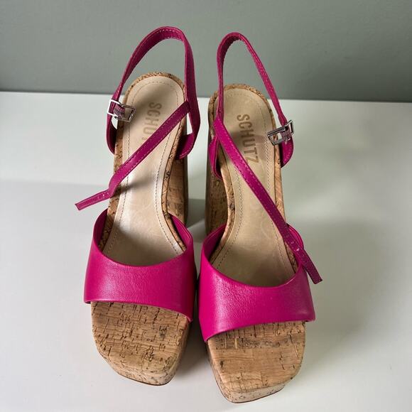 SCHUTZ Pink Leather Glayce Ankle Strap Buckle Platform Cork Sandal Heels 6.5 - Picture 2 of 9